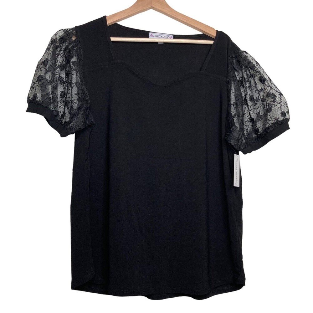 Sweet Violet Black Sheer Lace Puff Sleeve Scalloped Neckline Blouse XL